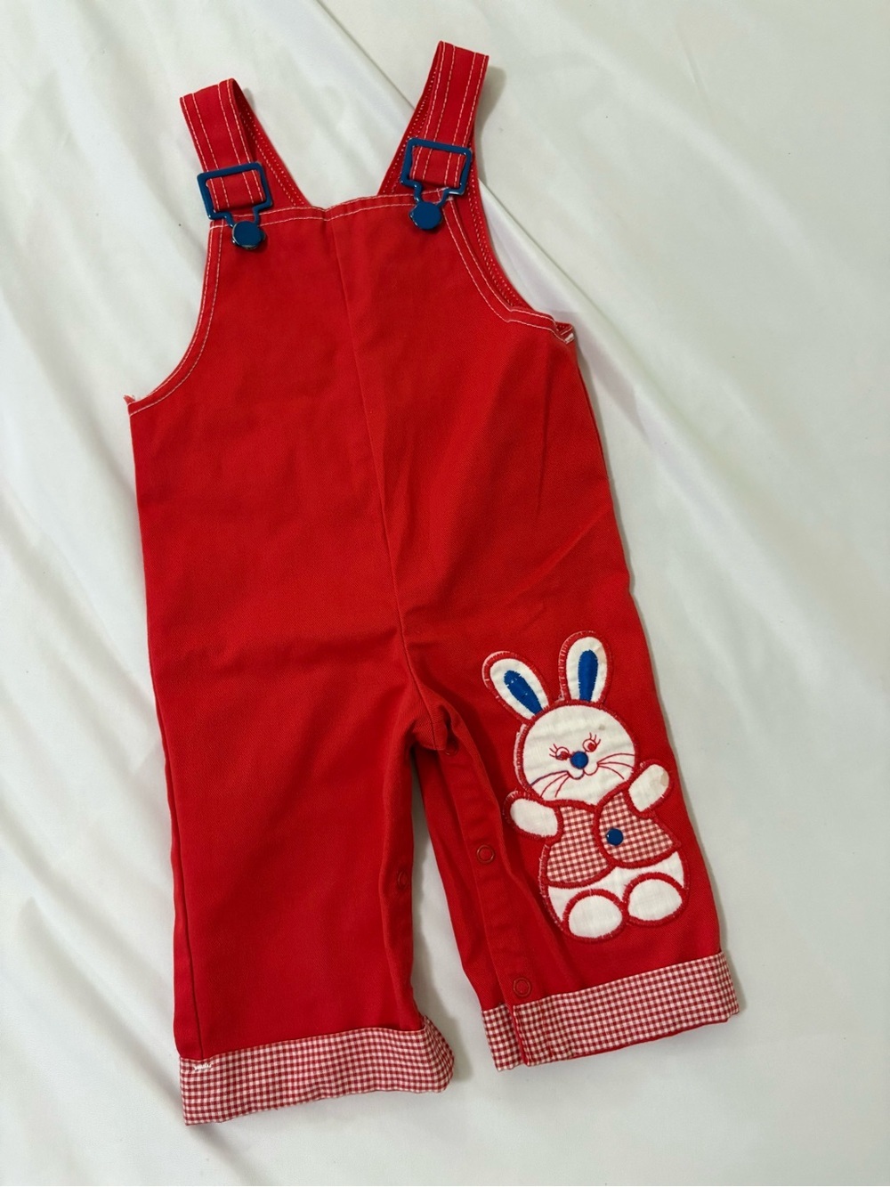 Vintage Carter's Red Overalls with Blue Strap Accents and Bunny Patch from 1980s